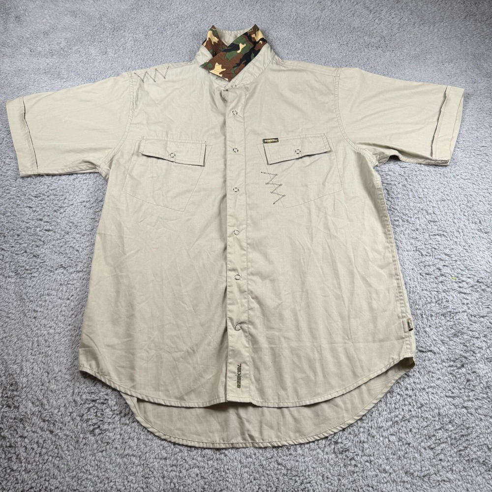 Y2K Ezekiel Mens Beige Short Sleeve Camo Collared Button Up Vintage Size Small